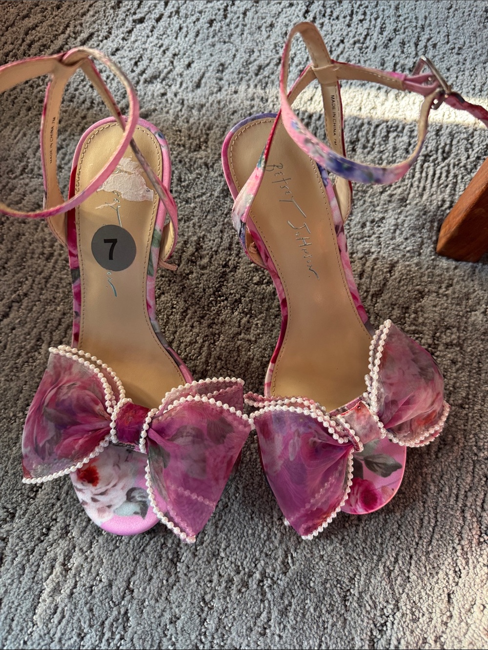 Betsey Johnson Pink Floral Pearl-Trim Bow Ankle-Strap Heels
